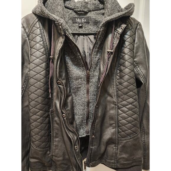 Mo-Ka Meriam Knit Hood Faux Leather Jacket Russian Dark Gray Heavy Weight Size M - Picture 2 of 8